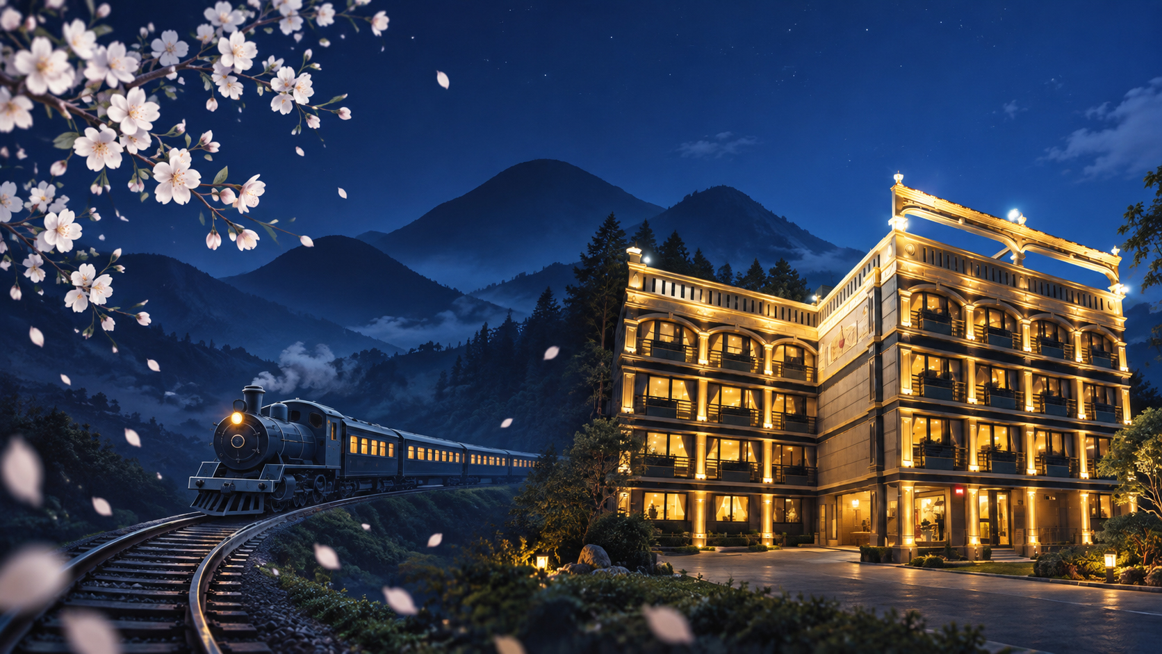 夜色中燈光璀璨的阿里山高峰大飯店外觀